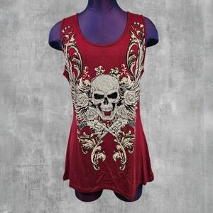Ego Usa Designs Burgundy Skull Rhinestone Shredded Lace Back Tank Top Medium U21
